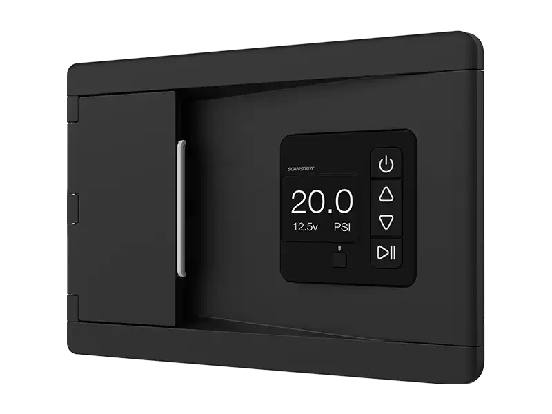 Digital voltage monitor for 12V systems with display and control buttons.
