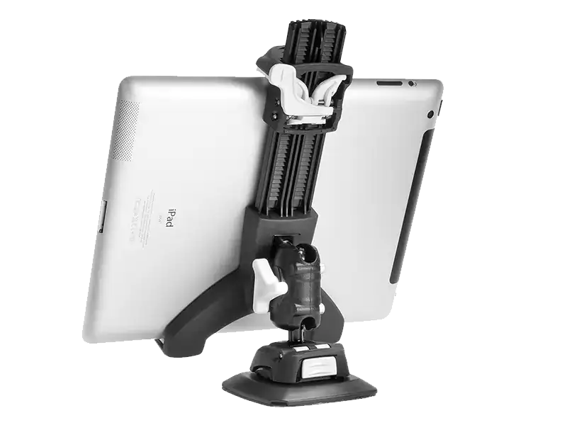 Adjustable tablet holder with suction cup mount for vehicles, perfect for 12V power setups and mobil.