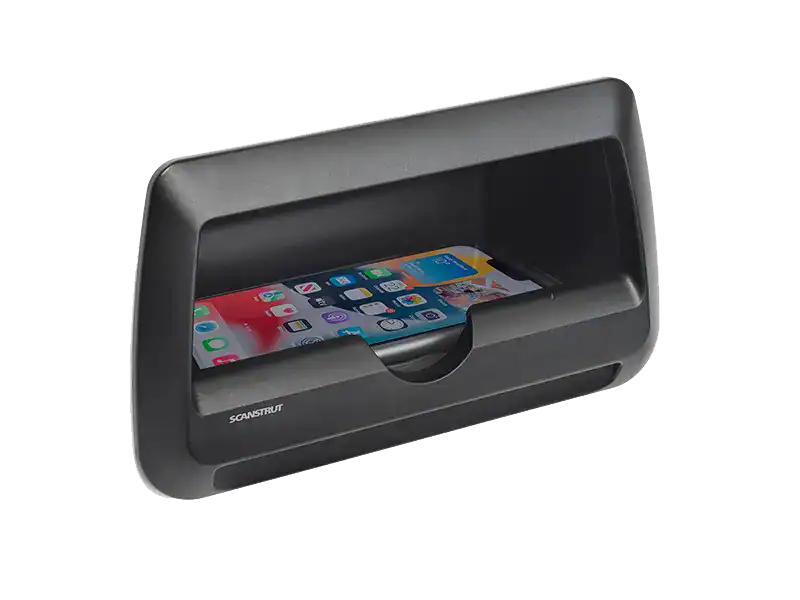 12V Power docking station with smartphone holder and charging port.